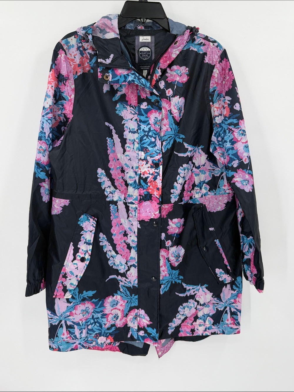 Joules Black Hooded Rain Coat with Pink & Blue Floral Print Size 8